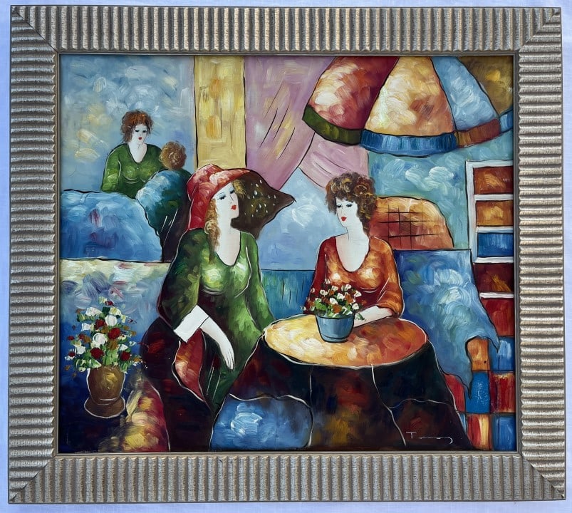 Itzchak Tarkay Oil on canva: Itzchak Tarkay appears in Lower right. Attribute to Itzchak Tarkay this is not a print, is a unique piece.Technique: Oil, Image size: 28.50 x 25.50 Inches Frame size and 21 x 24 inches image size Medi