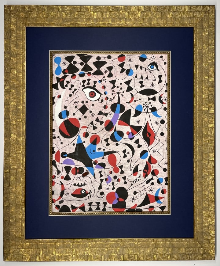Joan Miro Watercolor/Mixed Media: Joan Miro appears in Lower right. Attribute to Joan Miro this is not a print, is a unique piece. Technique: Watercolor Measures: 30 x 25 inches Frame size and 19 x 14 Inches Image size Medium: paper. 