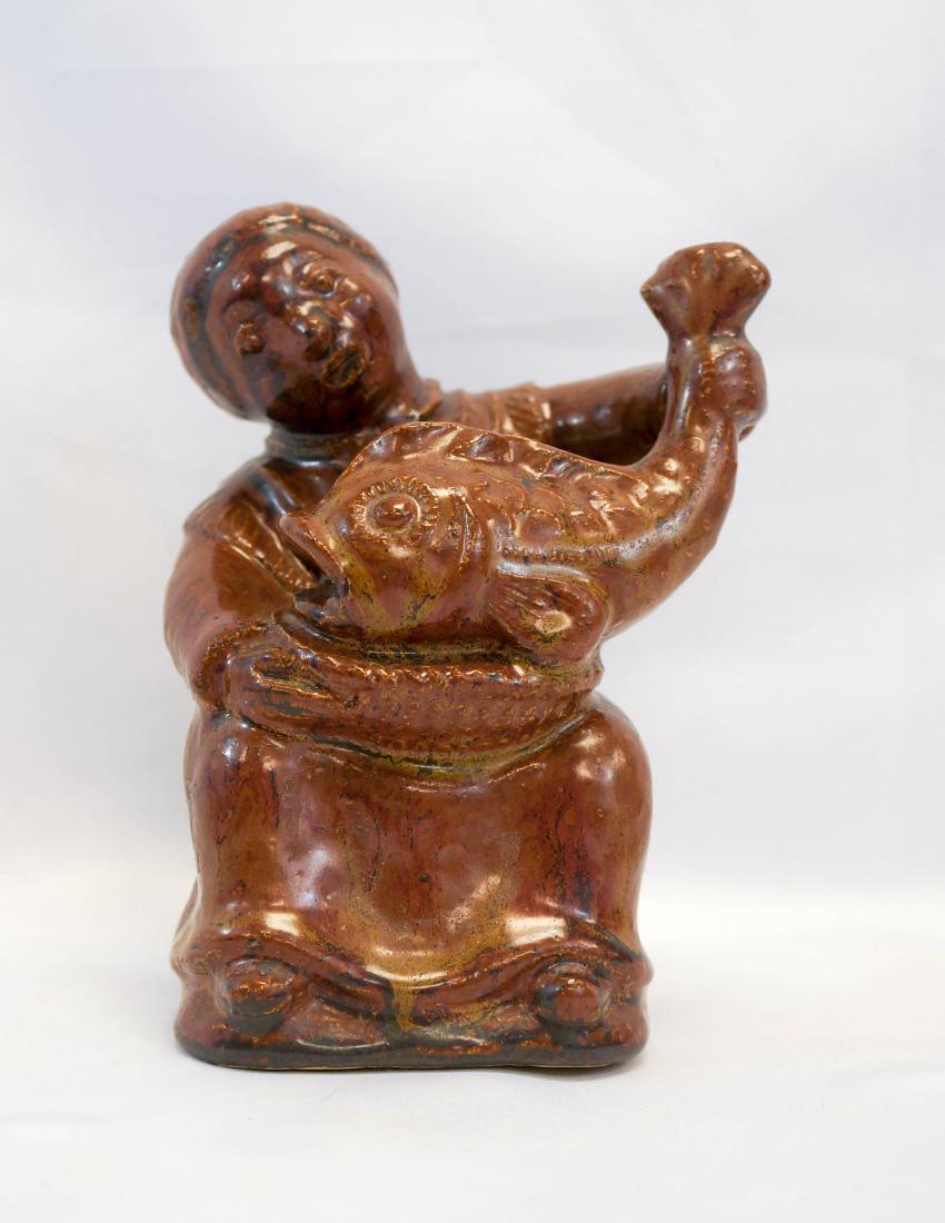 Gertrud Kudielka Woman with Fish Hjorth Denmark: Gertrud Kudielka woman with fish pottery figure. L. Hjorth stoneware, Denmark. Measures 6.5" x 4". Excellent condition with no damage or repairs. We ship most items in house. Exclusions include furnit