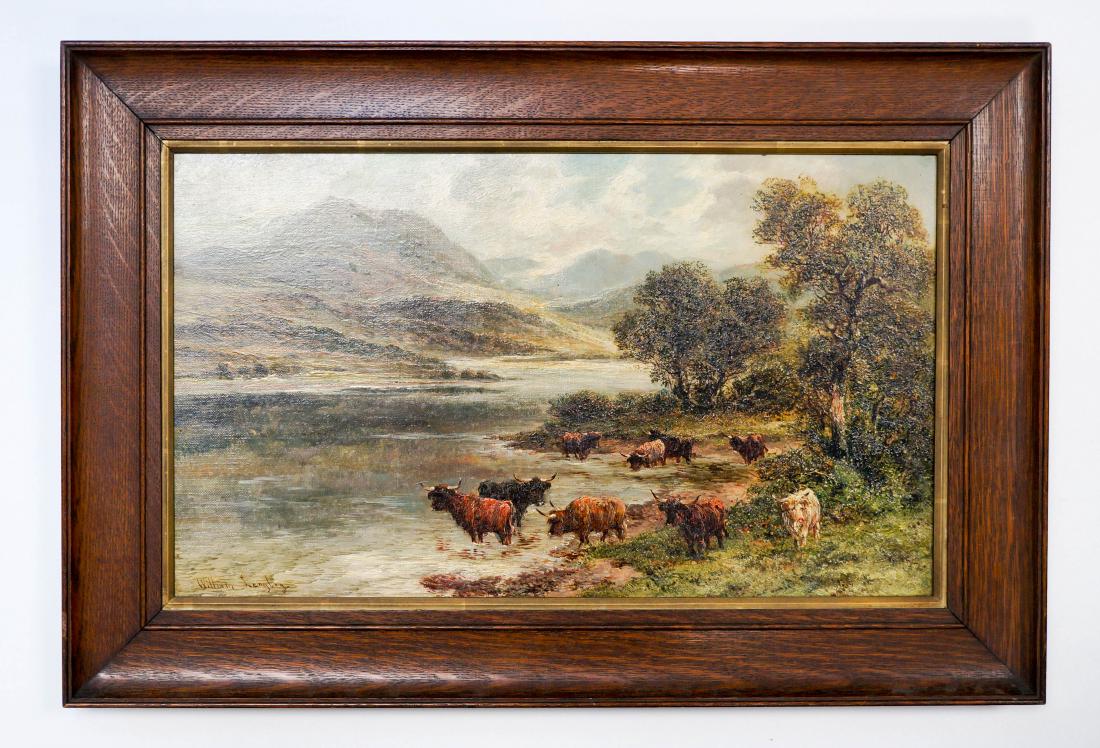 William Langley (UK, 1852-1922) Framed Painting: An original oil painting on stretched canvas, this painting measures 12.25" x 20" (31 cm x 51 cm) and is framed. Total size is 16.75" x 24.75" (42.5 cm x 63 cm). This highland cattle landscape is sign