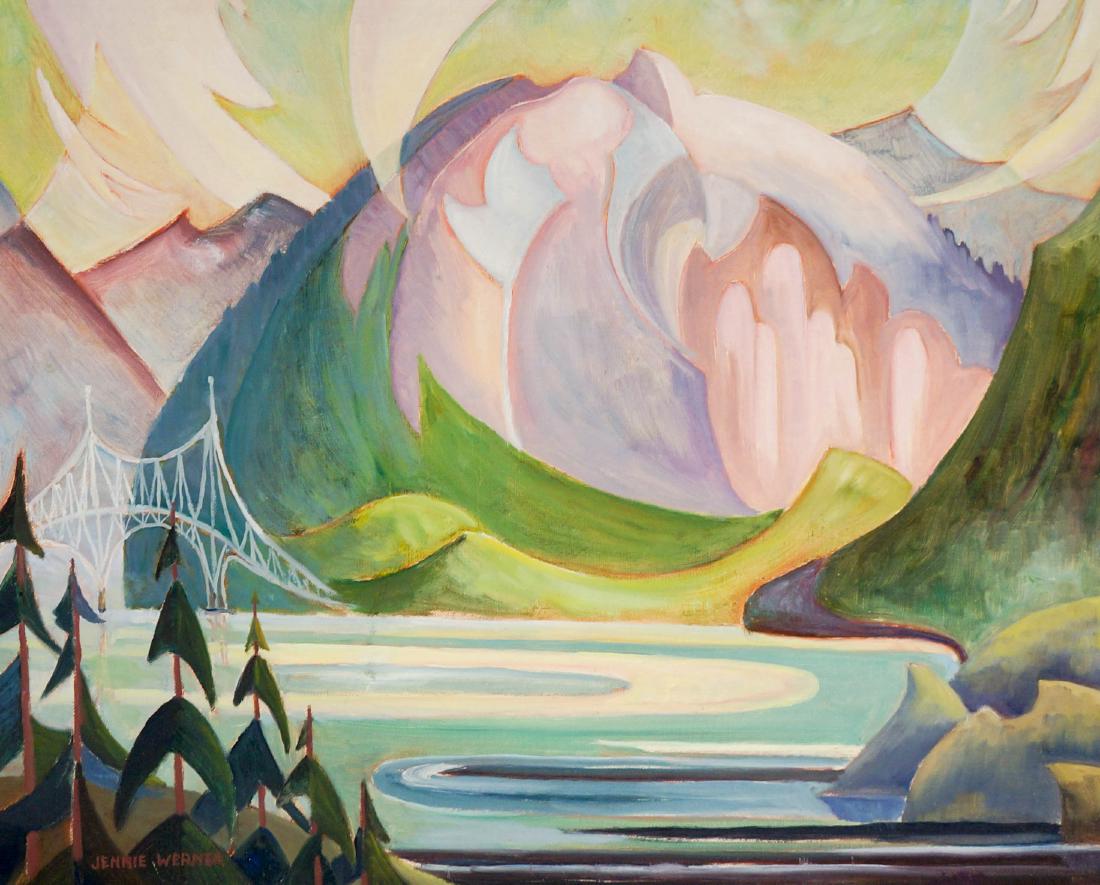 Jennie Werner (WA/AK, 20th/21st century): Jennie Werner (Washington, Alaska) framed oil painting. Measures 16" x 20" and is in excellent condition. We ship most items in house. Exclusions include furniture, oversized framed artwork and heavie