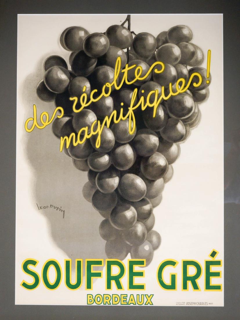 Leon Dupin Lithograph, Dated 1933 Wine Poster: A Leon Dupin lithograph, dated 1933 lower right. Professionally framed and matted measures 30.75" x 21.75" sight size (78 cm x 55.5 cm). Appears in excellent condition but has not been inspected out o