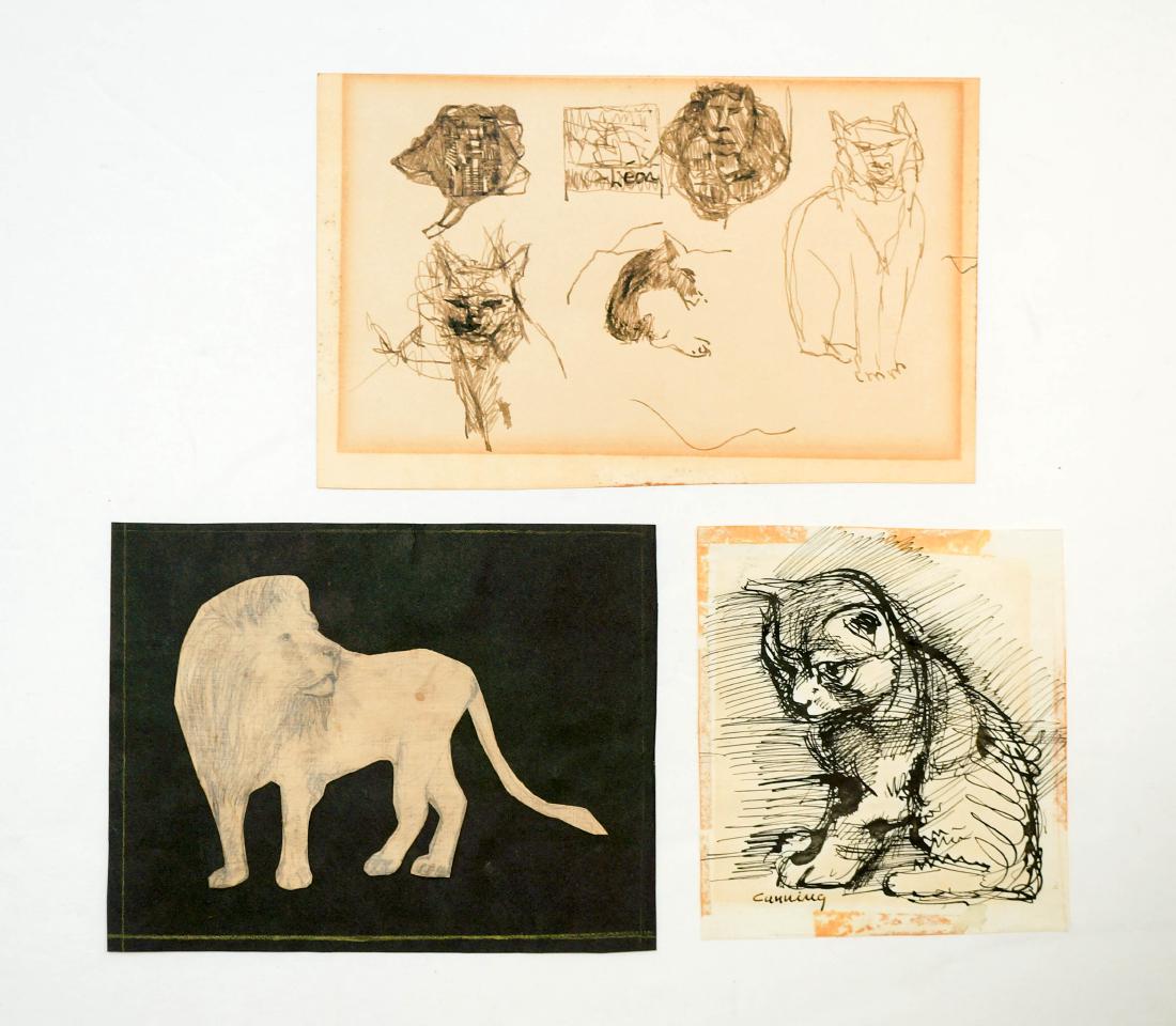 Guy Anderson, Leon Applebaum, James Cumming: A collaborative triptych with the original mat and backing. Titled "Cats", includes originals by Guy Anderson, James Cumming and Leon Applebaum. Sizes 4.5" x 4" to 4.5 x 7.25". All three are now loose