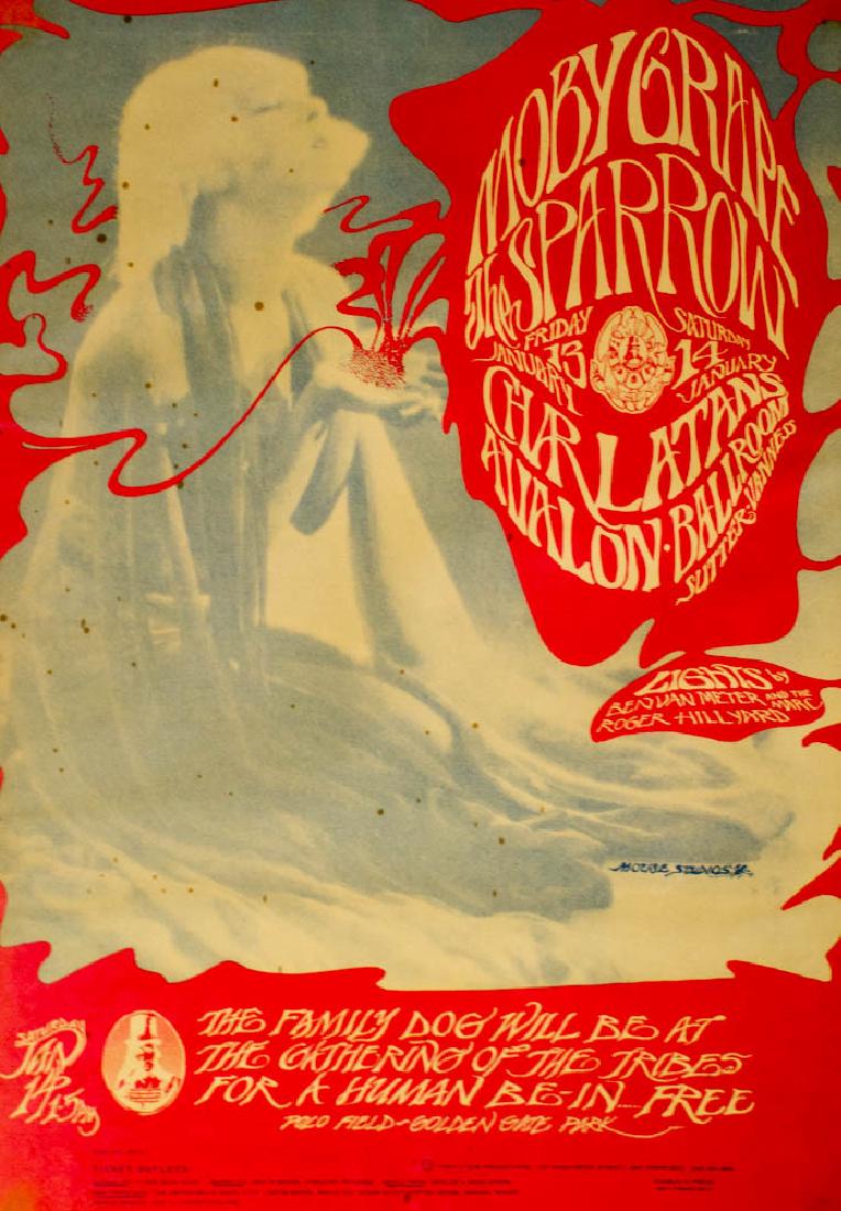 Moby Grape Psychedelic Concert Poster FD-43: "Family Dog FD-43 concert poster for Moby Grape, The Charlatans and The Sparrow at the Avalon Ballroom on January 13-14, 1967. Art by Stanley Mouse and Alton Kelley. First printing, Type 1 with incorr
