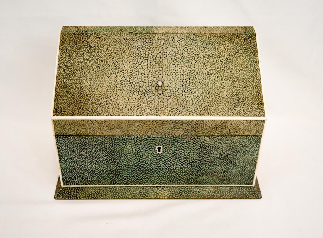 Fine Shagreen Letter Box: A fine antique Shagreen letter box with bone edging. Measures 7.25" x 10.75" x 5.75" (18.5 cm x 27.5 cm x 14.5 cm). We ship most items in house. Exclusions include furniture, oversized framed artwork 