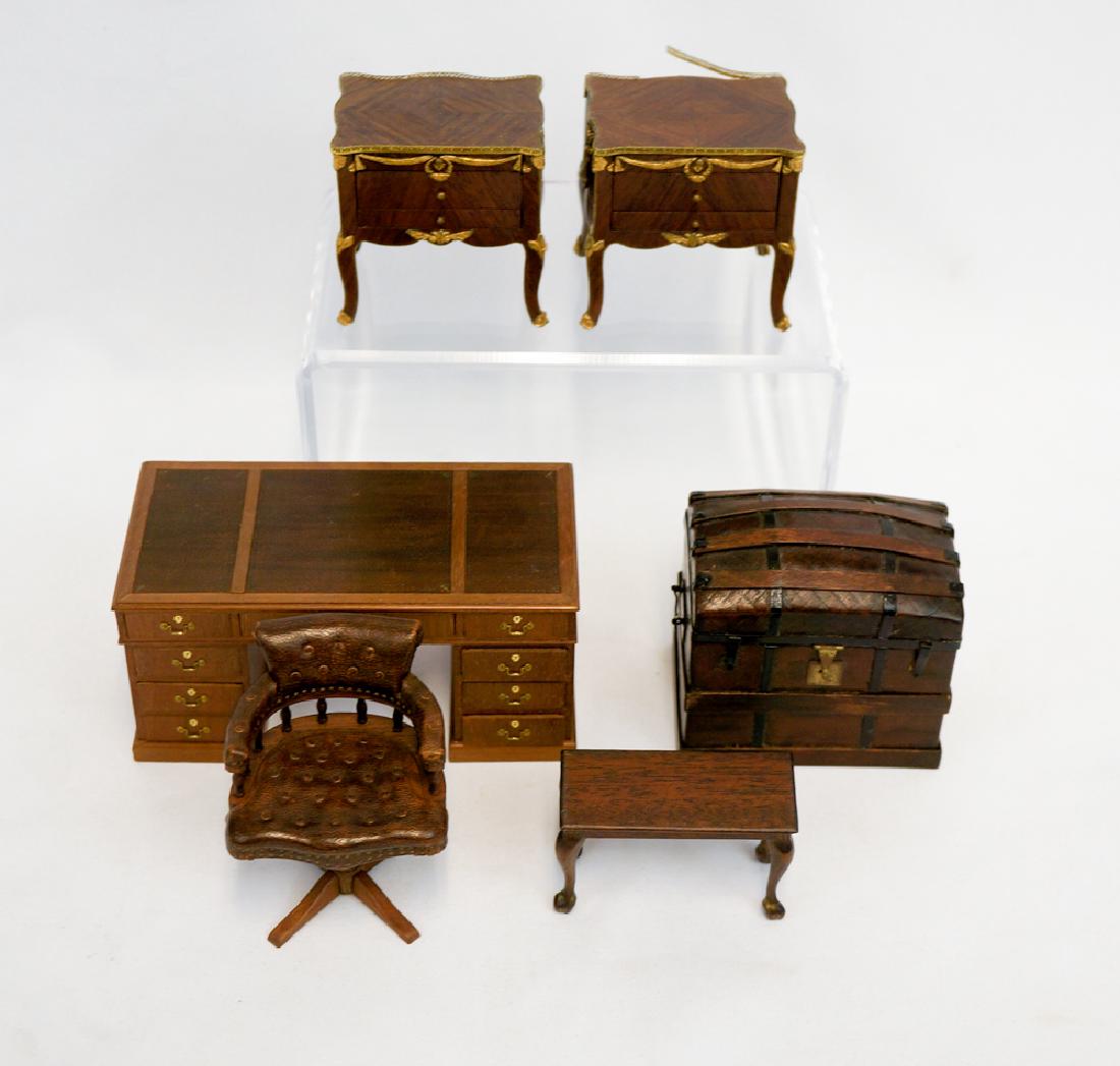 Group of Mostly Signed Dollhouse Miniatures: A fine group of mostly artisan signed miniature dollhouse furniture, circa 1980's. Includes a desk and chair by David Scott Langley (England), two Louis XV style stands signed Bergstrom and an unsigne