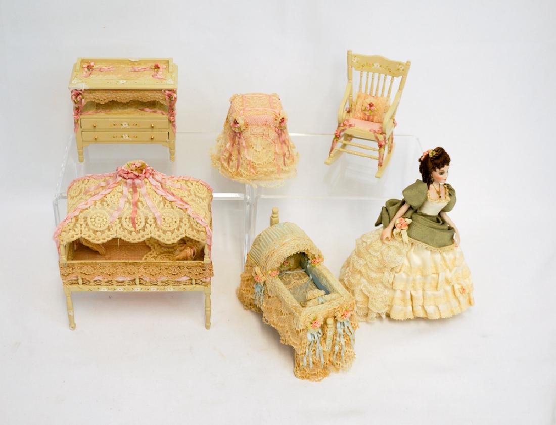 Penny (Penney) Bolton Dollhouse Miniatures: A nice group of lacework dollhouse miniatures. Some are signed by Penny Bolton, others are unsigned and by her in the same style. All artisan pieces circa 1980's. All but the canopy bed are in excelle