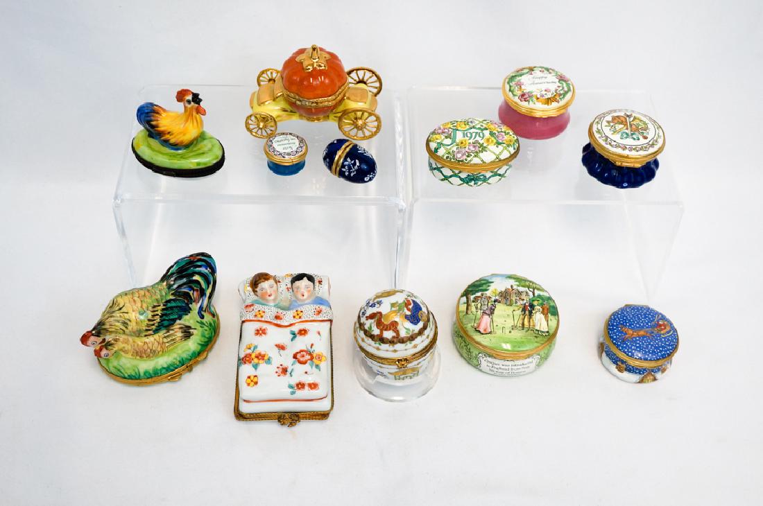 Collection of Limoges Trinket Boxes: A nice collection of twelve trinket boxes including Limoges pumpkin coach, Halcyon Days music box , a Tiffany Curque Chinois egg (as-is) and more. We ship most items in house. Exclusions include furni