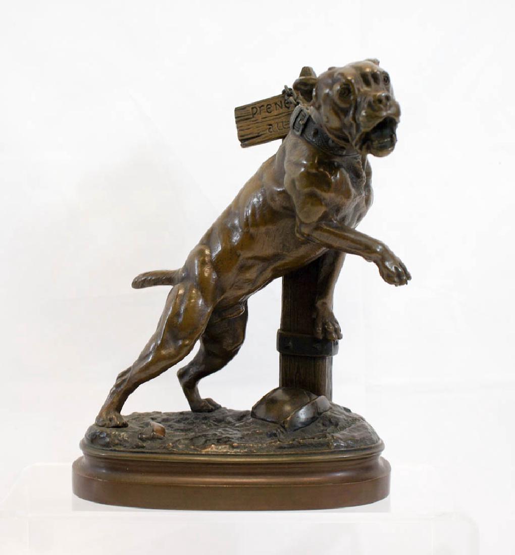 Prosper Lecourtier (1855-1924) Bronze Figure: "Beware of Dog", signed on base, measures 10.25" x 7" x 4" (26 cm x 18 cm x 10 cm). "VRAI BRONZE" foundry mark on post. Excellent condition. We ship most items in house. Exclusions include furniture, 