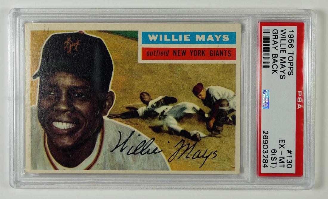 1956 Topps #130 Willie Mays Gray Back PSA 6 (ST): 1956 Topps #130 Willie Mays Gray Back PSA 6 ST. We ship most items in house. Exclusions include furniture, oversized framed artwork and heavier items. Please inquire for shipping quotes.
