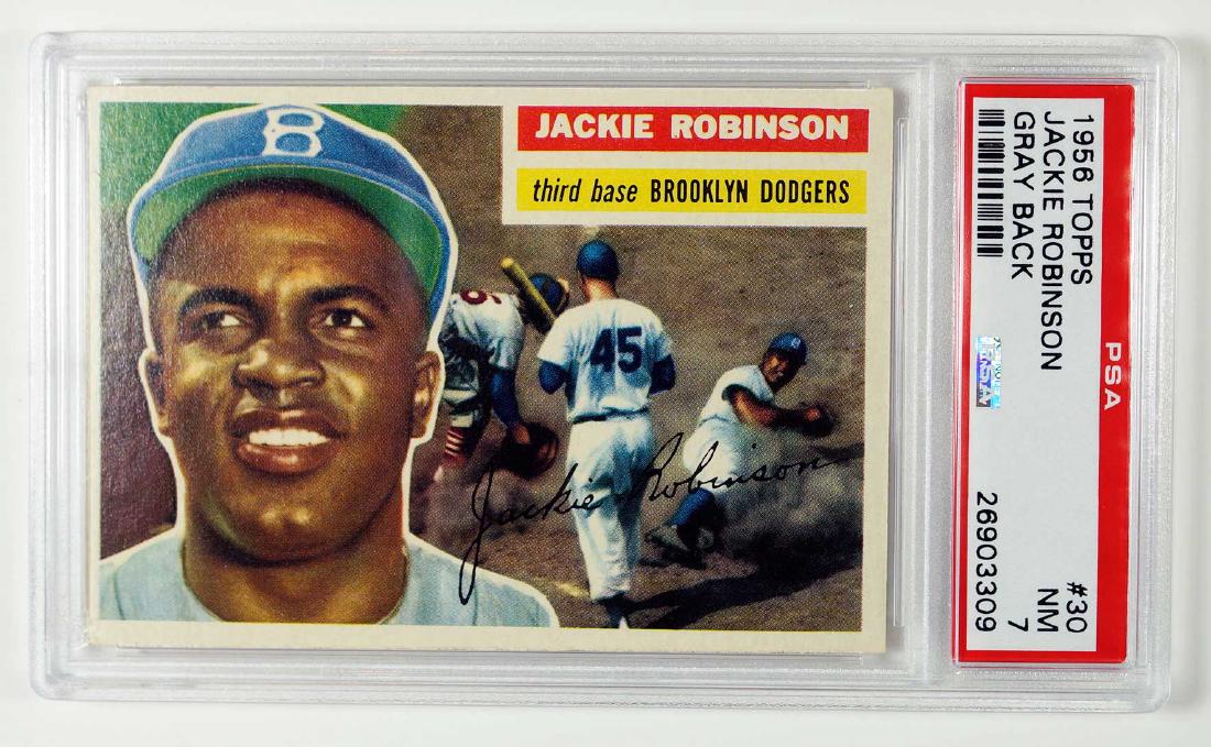 1956 Topps #30 Jackie Robinson Gray Back PSA 7: 1956 Topps #30 Jackie Robinson Gray Back PSA 7. We ship most items in house. Exclusions include furniture, oversized framed artwork and heavier items. Please inquire for shipping quotes.