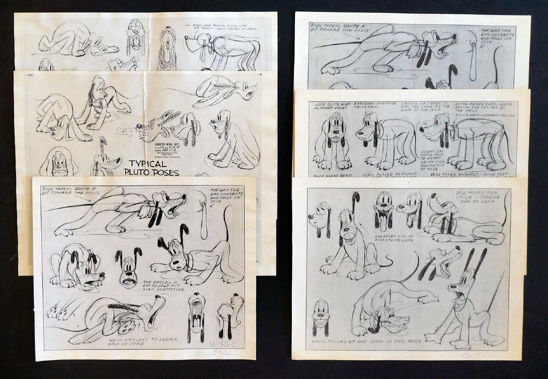 Disney Model Sheets of Pluto: Six Walt Disney Studio animators model sheet prints of Pluto, from the personal collection of Disney Animator Ted Bonnicksen. Model sheets were used by the animators as a reference during the producti