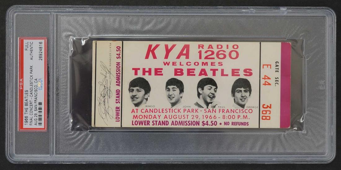 Beatles Candlestick Park Concert Ticket: An unused Beatles concert ticket, Candlestick Park, August 29, 1966. PSA Authentic, in good condition. 5.75x2.5 inches. We ship most items in house. Exclusions include furniture, oversized framed artw