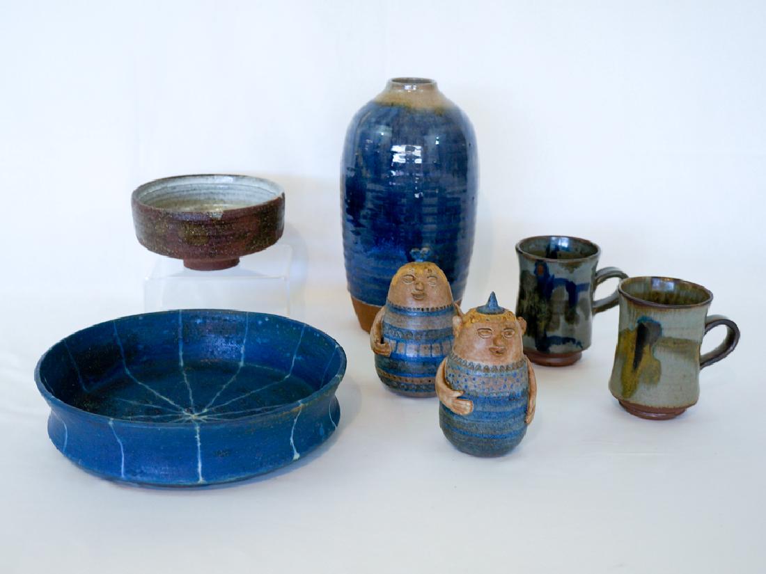 Group Northwest Studio Pottery: A group of seven pieces of Northwest studio pottery. Includes two Robert Sperry mugs, Kay Perine vase (largest piece), Jane Wherrette shakers, a bowl signed Sigel and s small bowl illegibly signed. Al
