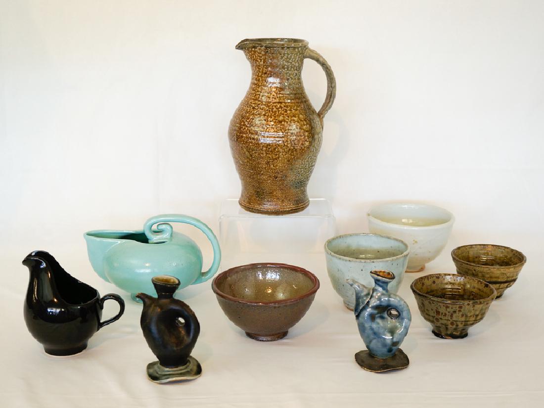 Group of Studio Pottery, Ten Pieces: A group of ten pieces of pottery. Includes Montana and Archie Bray pottery from the estate of Terry Karson, Ennis Montana as well as American pottery. Includes signed and unsigned. Condition varies. T