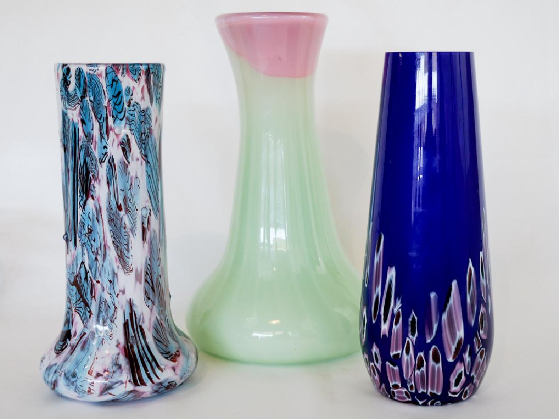 Three Art Glass Large Vases: Three large art glass vases. One is stamped Czechoslovakia, one is signed by artist John Phillips and the other is unsigned. Measure 10-11.5" tall. All are in excellent condition. We ship most items i