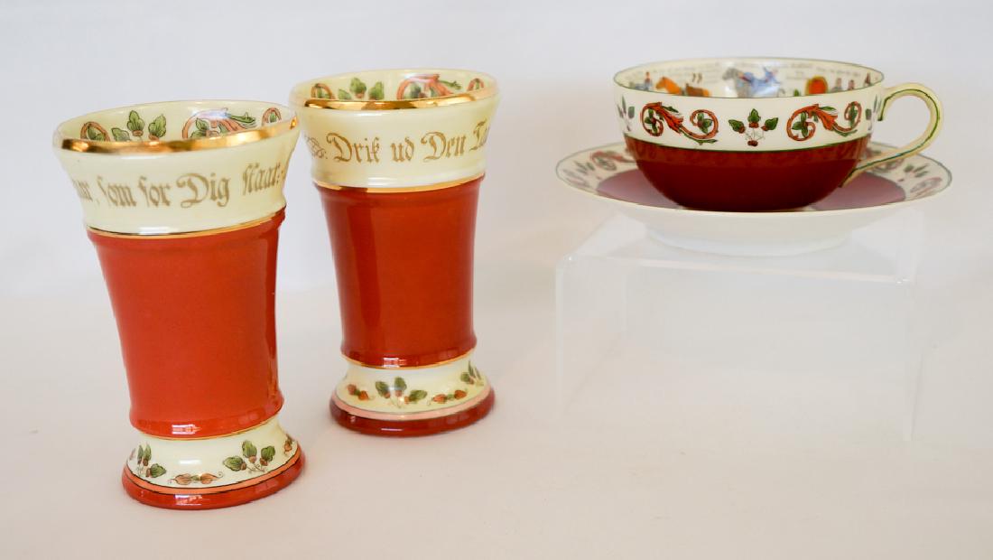 Porsgrund Wedding Cup Saucer and Vases: Porsgrund Norwegian wedding cup and saucer, plus a pair of vases. Cup and saucer measures 2.75" x 6" and is in excellent condition with no cracks, chips or repairs. Vases measures 5.25" x 3.25". Both 