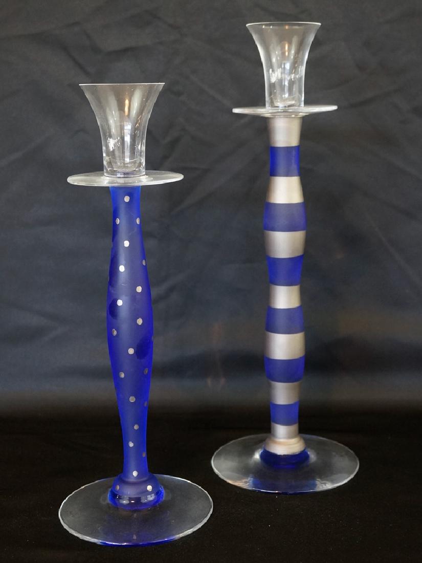 Anne Nilsson for Orrefors Celeste Candleholders: Large Pair of Anne Nilsson for Orrefors Celeste Candleholders. Cobalt Silver Dots and Stripes, measure10.5" and 13". Both are in excellent condition with no cracks, chips or repairs. We ship most item