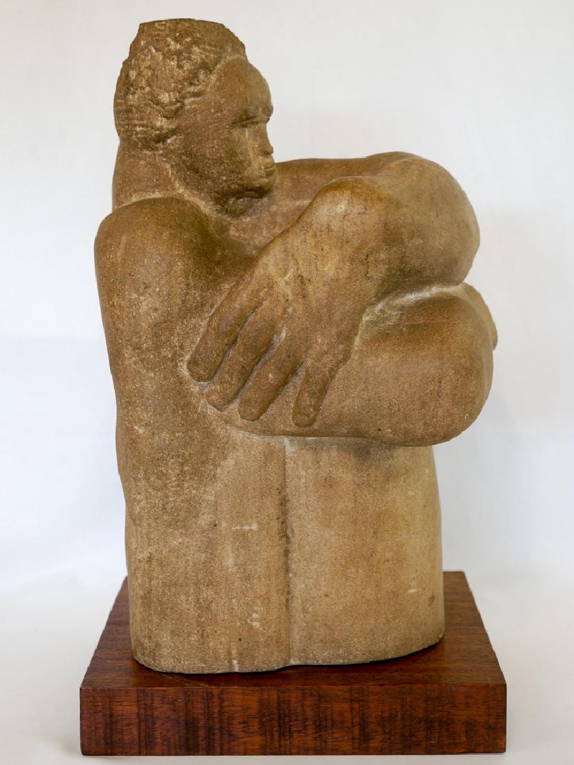 Phillip Levine (born 1931) Limestone Sculpture: Phillip Levine (Washington, born 1931) limestone sculpture titled Man at a Pillar and dated 1959. Figure measures 16.5" x 9.75" x 6", sits atop wooden base and measures 18.25" x 10.5" x 8" total. Incl