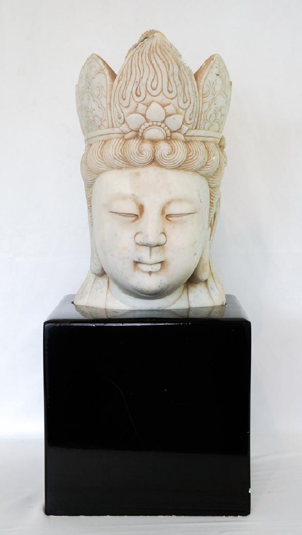 Vintage Chinese Alabaster Stone Statue Quan Yin: Quan Yin Buddha head carved statue. Measures 14.75" x 7.25" x 9". Comes with fitted wood base although it's not the most secure fit and may need modification for housing this statue properly. We ship 