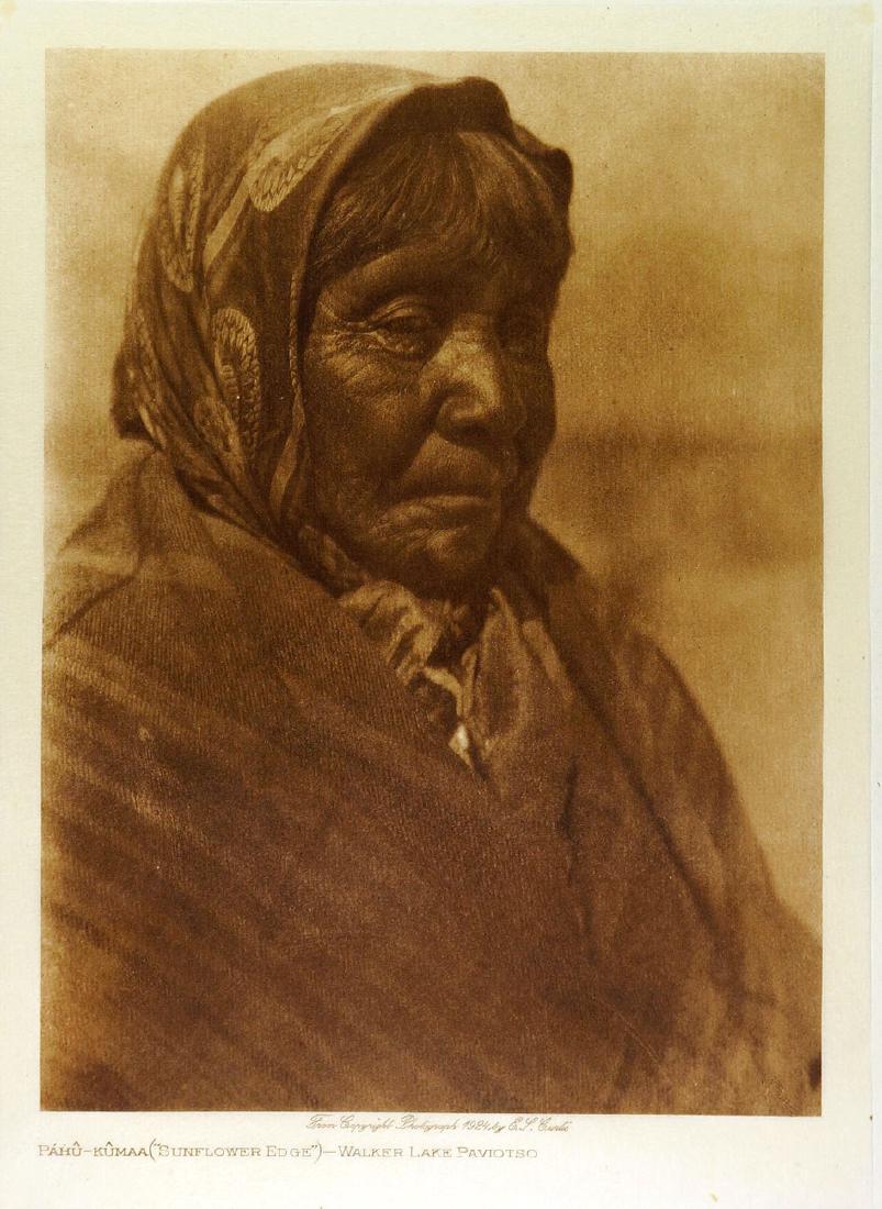 Edward Curtis Tissue Photogravure Walker Lake: Sunflower Edge-Walker Lake Paviotso, 1924, Edward Curtis Photogravure printed on Japanese Gampi Tissue Paper. Measures 8 1/2" x 6" (image) and 12 1/8" x 9" (sheet size). Loose and unframed, glued to p