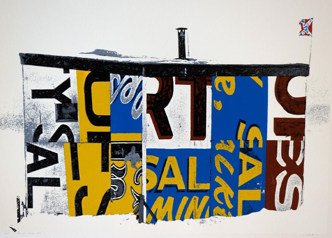 Larry Stark (b. 1940) Signed Numbered Screenprint: Larry Stark (born 1940) signed and numbered silk creen print or serigraph print [Fish House Series #4]. Numbered #5/50 lower left in pencil. Titled lower left in pencil. Signed L. Stark and dated 1991