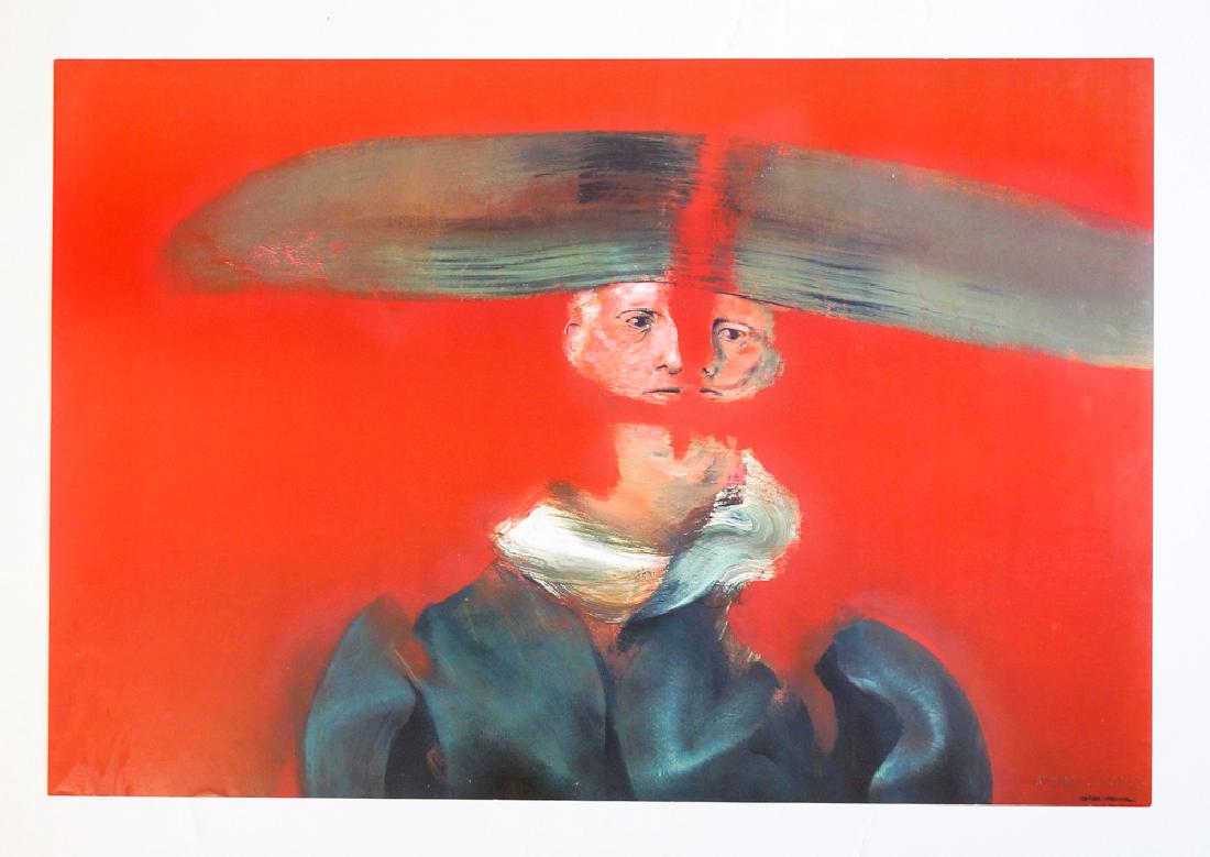 Rafael Coronel Retrato Signed Print: Rafael Coronel signed print [Retrato]. Pencil signed lower right, measures 18" x 26.75" (46 cm x 68 cm). Slight crease lower left. Appears to never have been framed or hung. Unframed, loose and not gl