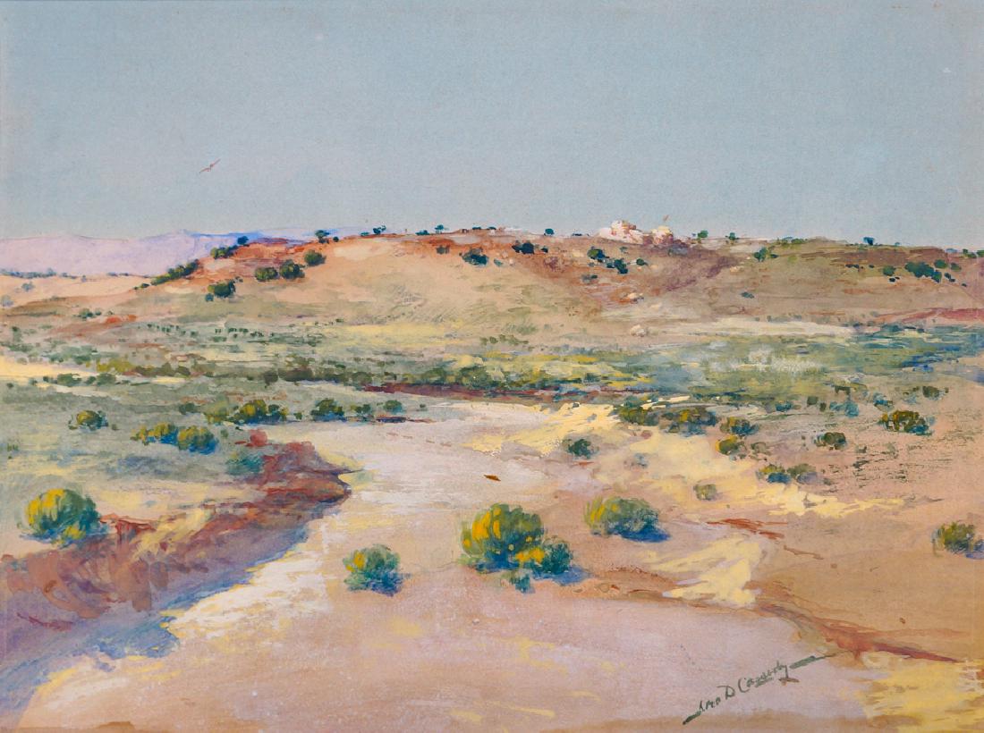 Gerald Cassidy (1879 - 1934) Mixed Media/Board: Gerald Cassidy (1879 - 1934) Mixed Media/Board. Measures 9.5" x 12.5". Titled [A bit of the Desert] on verso. Verso also includes artists info and rubber stamp. Possibly some foxing along bottom edge.