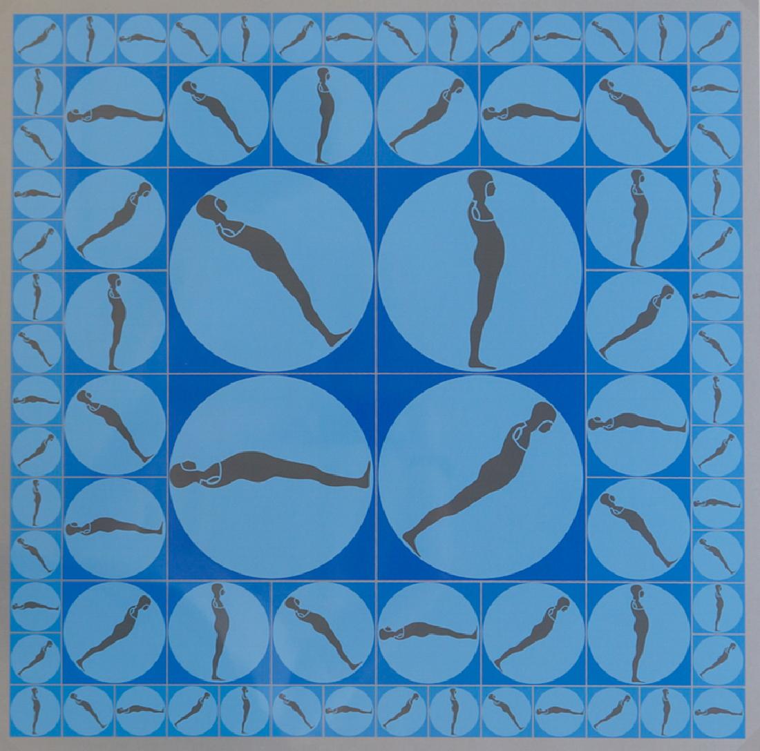 Ernest Trova Signed and Numbered Blue Serigraph: Ernest Trova signed and numbered Blue Serigraph [Falling Man Manscape]. Measures 24" x 24" (61 cm x 61 cm). Dated 1971, edition of 150. Numbered #45/150 in pencil lower right. Signed and dated Trova '