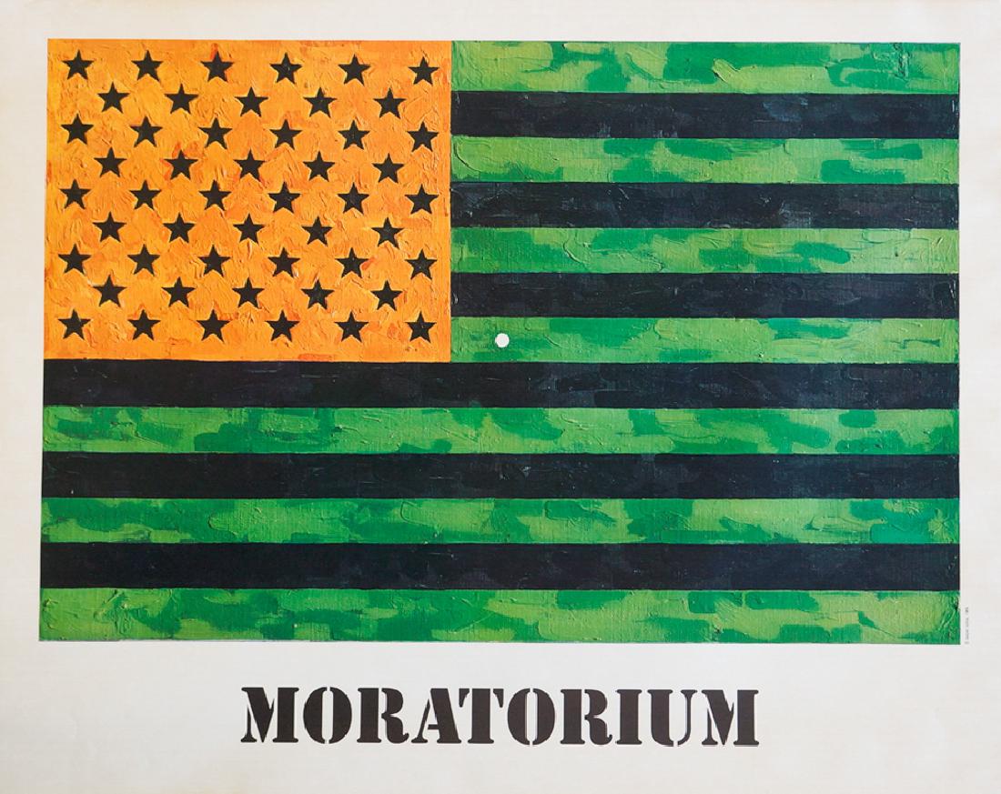 Jasper Johns Moratorium Offset Lithograph, 1969: Jasper Johns [Moratorium] offset lithograph anti-war poster. Measures 22.75" x 28.75". Very good condition with some small creases at top left edge, some foxing and noticeable toning from acid burn lo