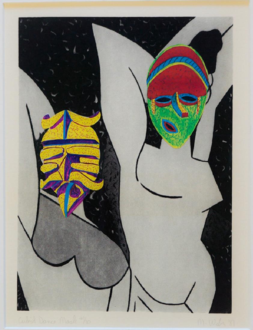 Mark Weber Signed Lithograph [Cubist Dance Mask]: Mark Weber lithograph print in colors. Signed and dated lower right this print is dated 1981 and signed in pencil. Measures 11" x 8" image size and 16" x 13" sheet size. Unframed, loose and not laid d