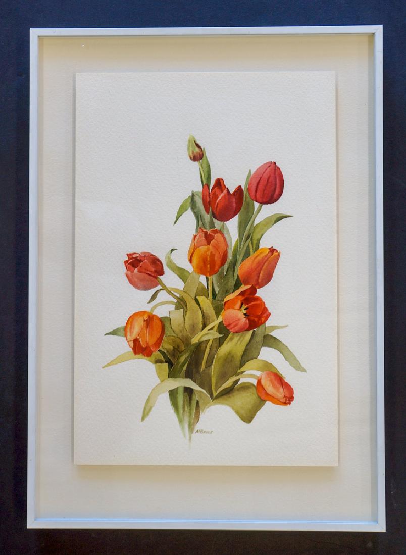 Marjorie Bruce (Washington) Floral Watercolor: Marjorie Bruce (Washington) framed floral original watercolor on board. Measures 13.5" x 9" sheet size, is professionally framed and measures 17.25" x 12.25". Not inspected out of frame but appears in