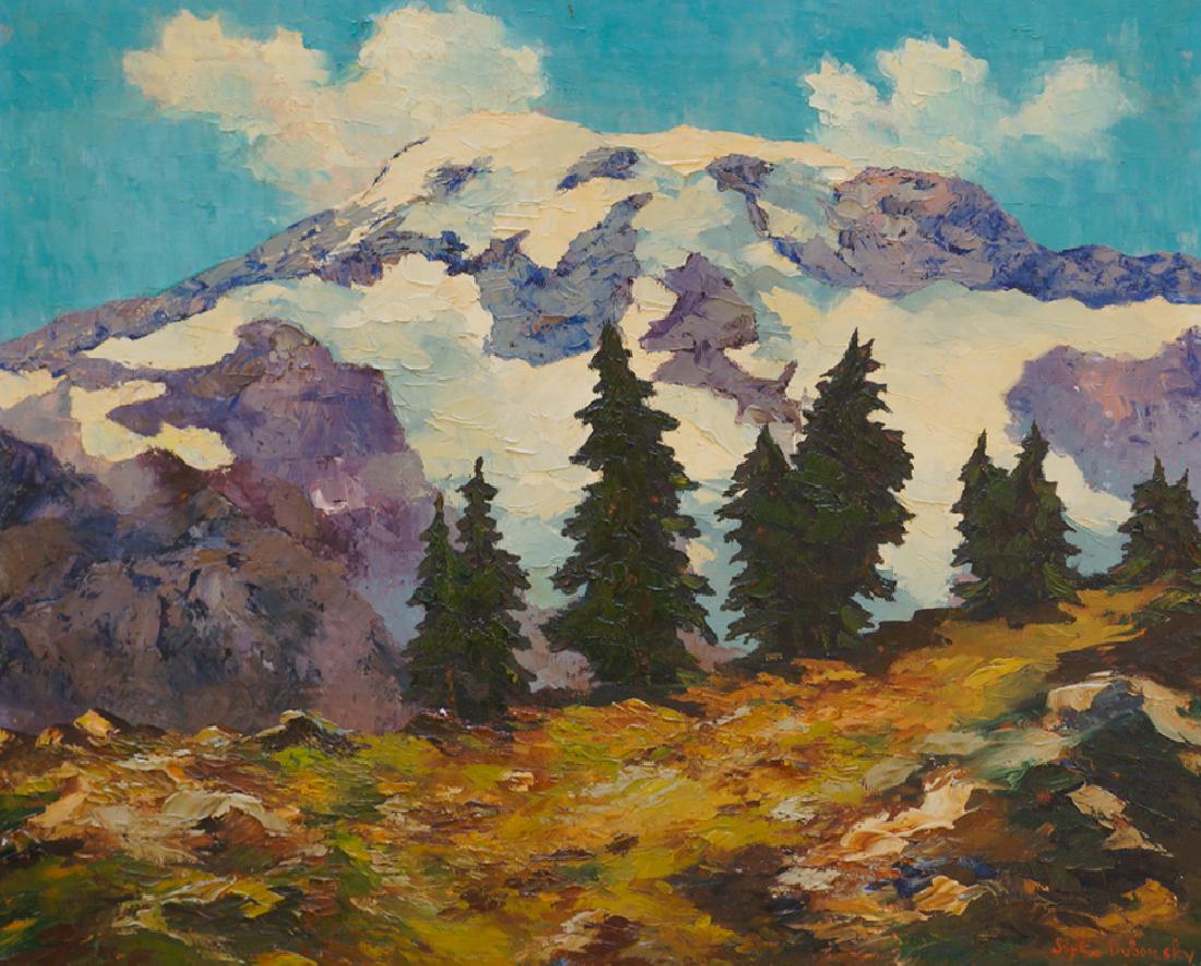 Sophie Dubensky (1896 - 1997) Mt. Rainier Oil: Sophie Caroline Scherrer Dubensky (1896 - 1997) Mt. Rainer oil painting. An original oil painting on stretched canvas. Excellent condition. Unframed. Measures 24" x 30". We ship most items in house. E