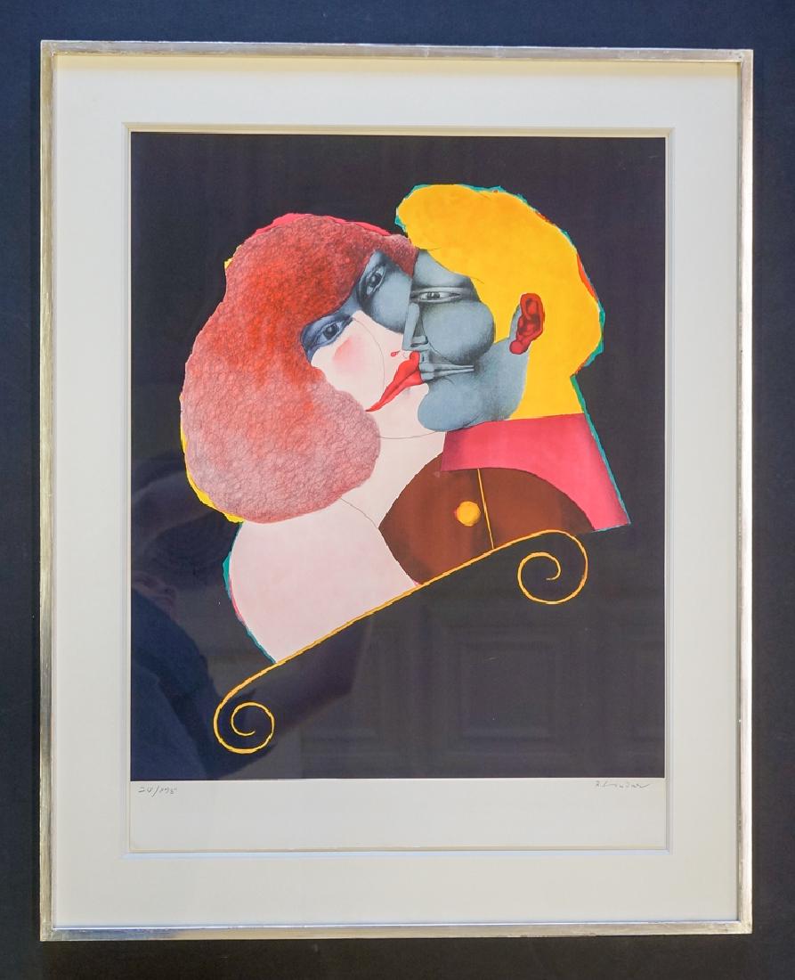 Richard Lindner Colored Lithograph [The Kiss]: Richard Lindner colored lithograph [The Kiss]. Measures 26 3/8" x 19 7/8" (67 cm 50.5 cm) sheet size. Gallery framed recessed and floating. Not inspected out of frame but is bright and vibrant and app
