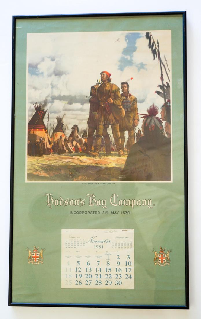 1951 Hudson's Bay Calendar, Framed: 1951 Hudson'e Bay calendar, framed. Measures 30.75" x 18.5", very good to excellent condition. We ship most items in house. Exclusions include furniture, oversized framed artwork and heavier items. Pl