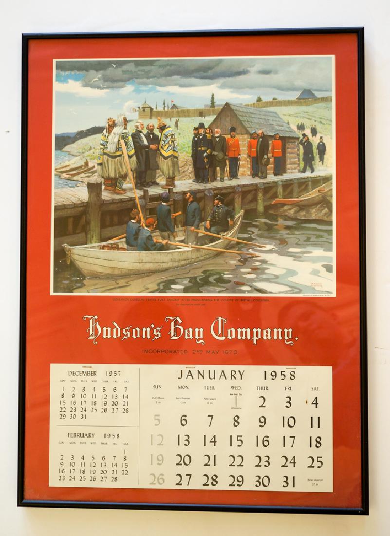 1958 Hudson's Bay Calendar, Framed: 1951 Hudson's Bay calendar, framed. Measures 25.5" x 18.5", excellent condition. We ship most items in house. Exclusions include furniture, oversized framed artwork and heavier items. Please inquire f