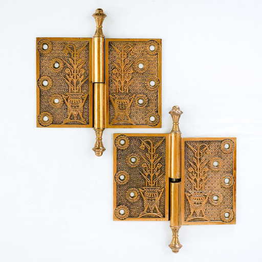 Pair Of Antique Brass Door Hinges Ornate Floral - Pair Of Antique Brass Door Hinges Ornate Floral