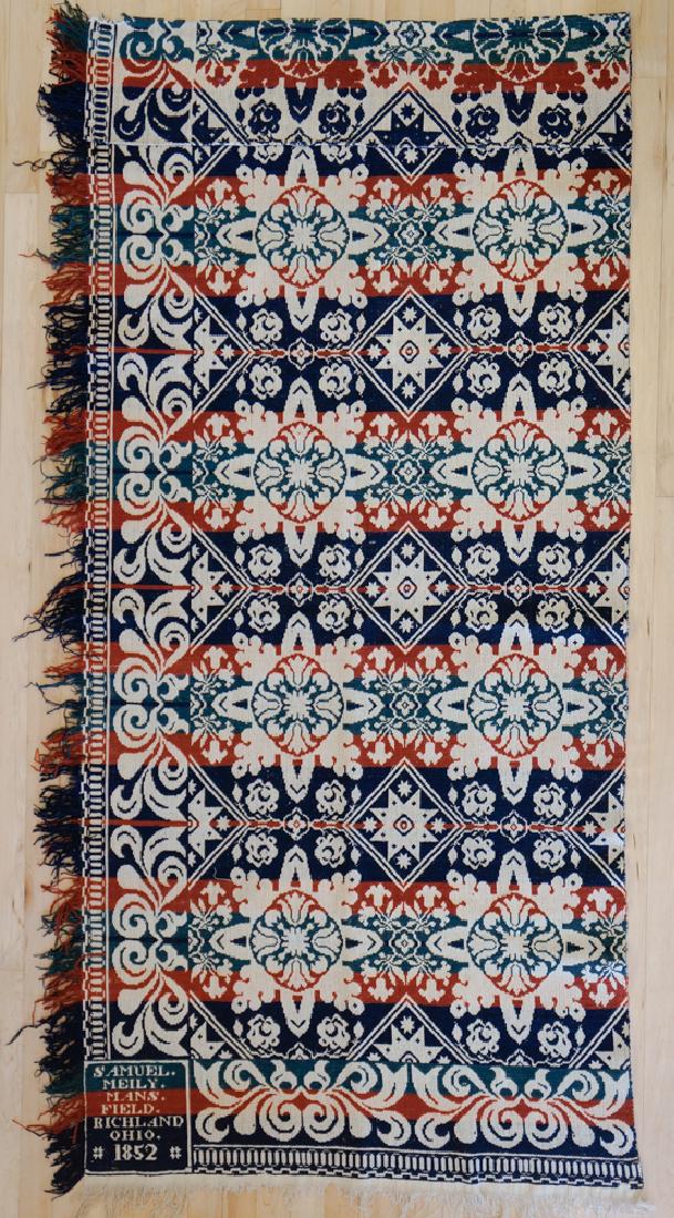 Ohio Jacquard Coverlet Curtain or Hanging: An Ohio Jacquard coverlet remnant modified to hang as a curtain or wall hanging. Measures 38" x 75". A fine Hutterite sampler measuring 36.76" x 17". Excellent condition. We ship most items in house.