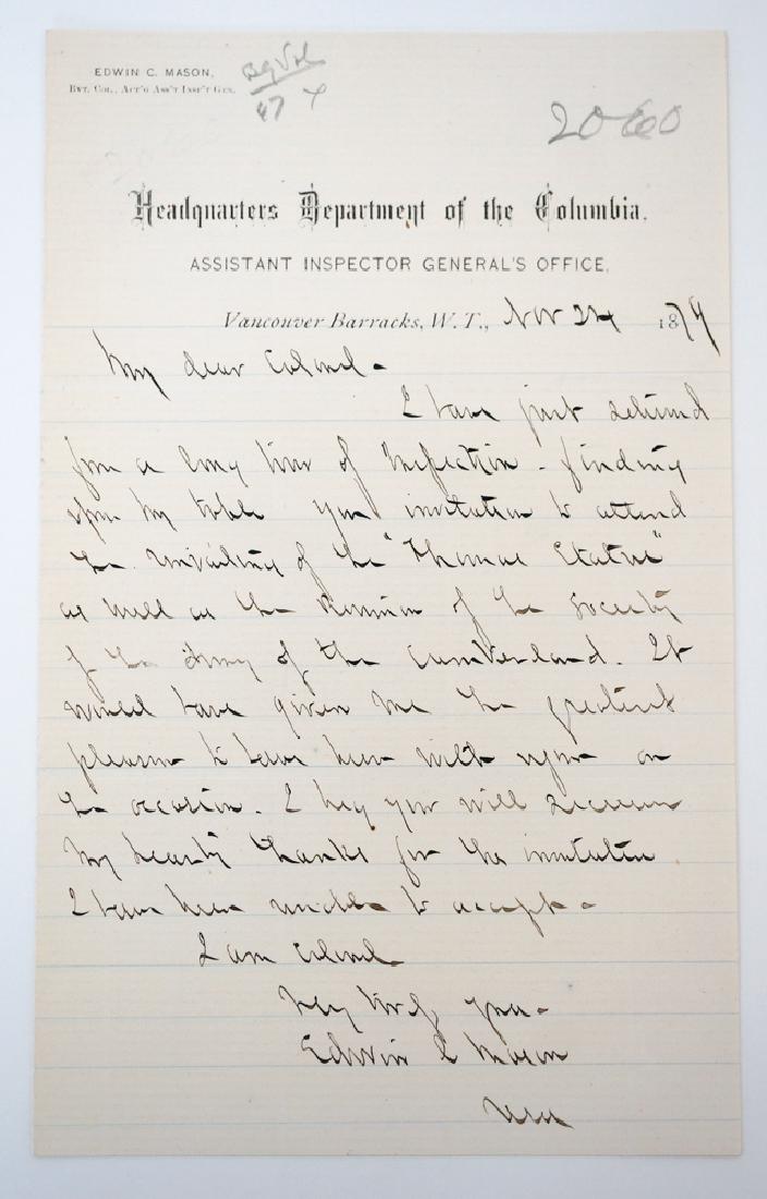 Headquarters Department of the Columbia: Edwin C Mason signed Headquarters Department of the Columbia. Assistant inspector Gen. Seventh main infantry. Provenance: Estate of Russell Johanson, Ravenna Rare Books, Seattle, Washington. We gladly