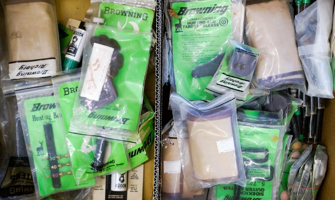 Two Boxes NOS Browning Archery Supplies & Parts: Two boxes of NOS, new old stock Browning Archery supplies, parts, etc. [Pocket knives, folding knives] Provenance: Estate of Earl E. Buchanan, Gunsmith, Kooskia, ID. We ship most items in-house with t