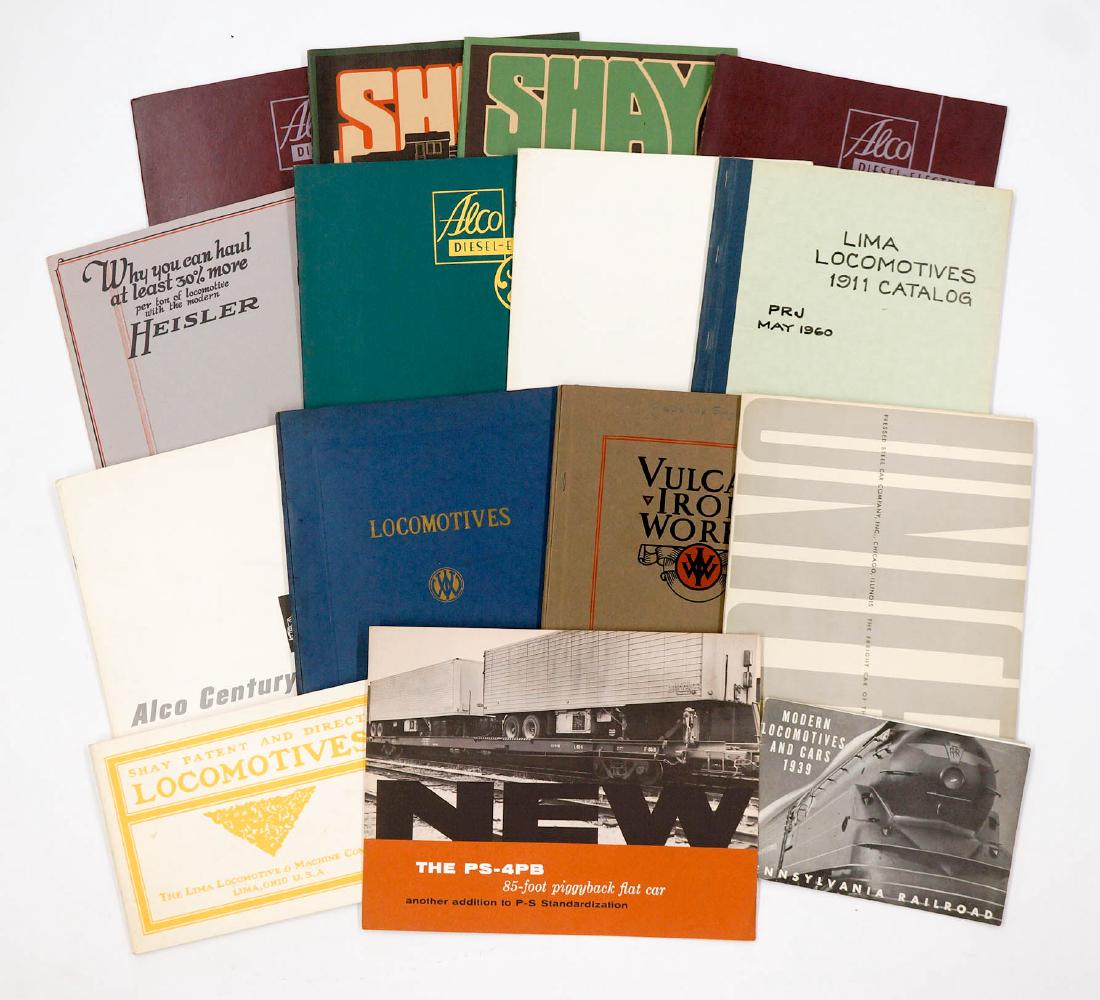 Group Vintage Locomotive Sales Catalogs, Manuals: [Railroadiana, Railroad] A group of vintage Locomotive sales catalogs and manuals. Includes fifteen pieces from Alco, Shay, Vulcan, Lima, Heisler and more. We ship most items in-house with the excepti