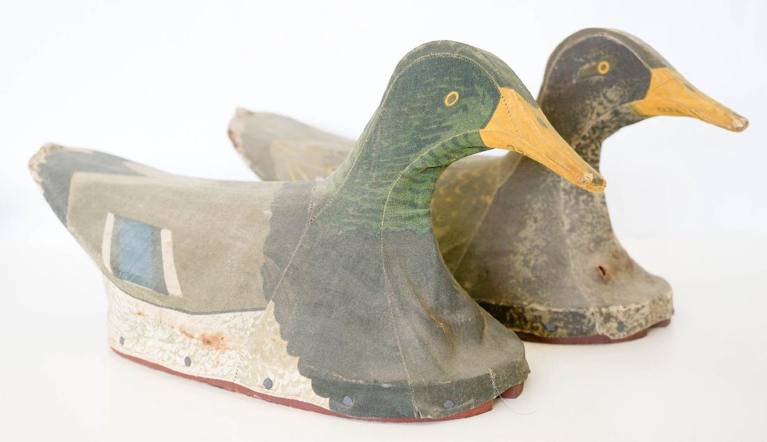 Two Canvas Mallard Duck Decoys by J.W. Reynolds.: Two canvas Mallard Decoys by J.W. Reynolds Co. We ship most items in-house with the exception of firearms, large and/or heavy items and any other items/s that say special shipping required. We also gl