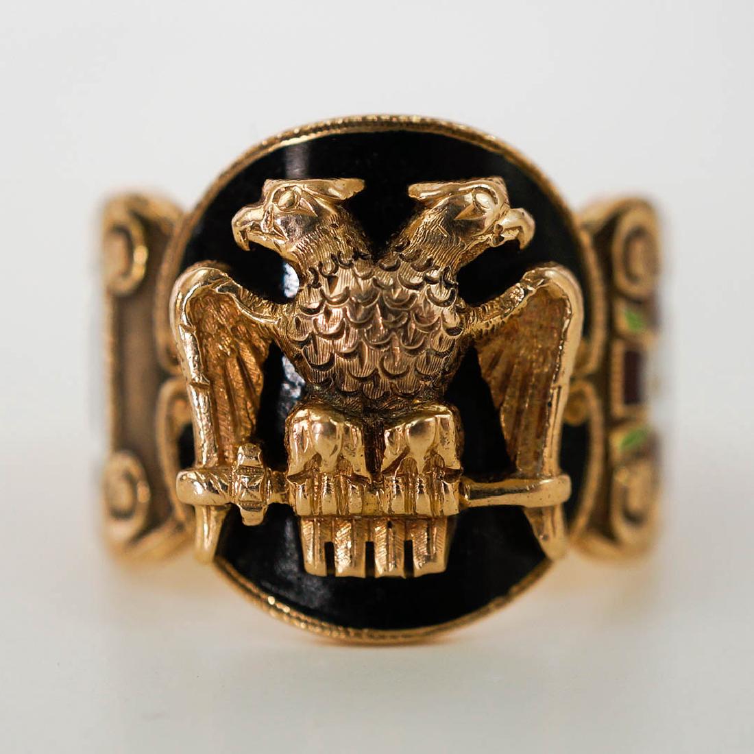 Vintage Masonic 14k Yellow Gold Enamel Ring: Vintage Masonic 14k yellow gold and enamel ring. Weighs 16.8 grams, measures 3/4" x 7/8" and is a ring size 12. Excellent. We ship most items in-house with the exception of firearms, large and/or heav