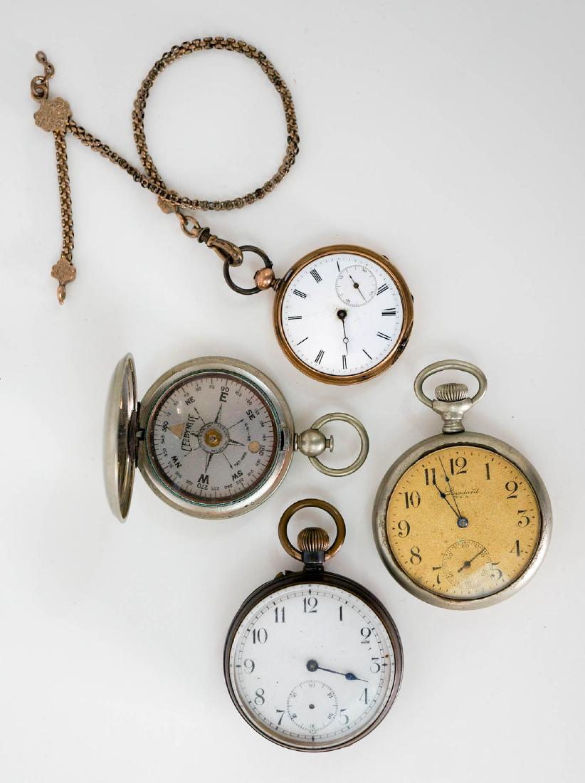 Three Pocket Watches and One Compass: Three vintage and antique pocket watches plus one compass. For parts, repair or servicing. We ship most items in-house with the exception of firearms, large and/or heavy items and any other items/s th