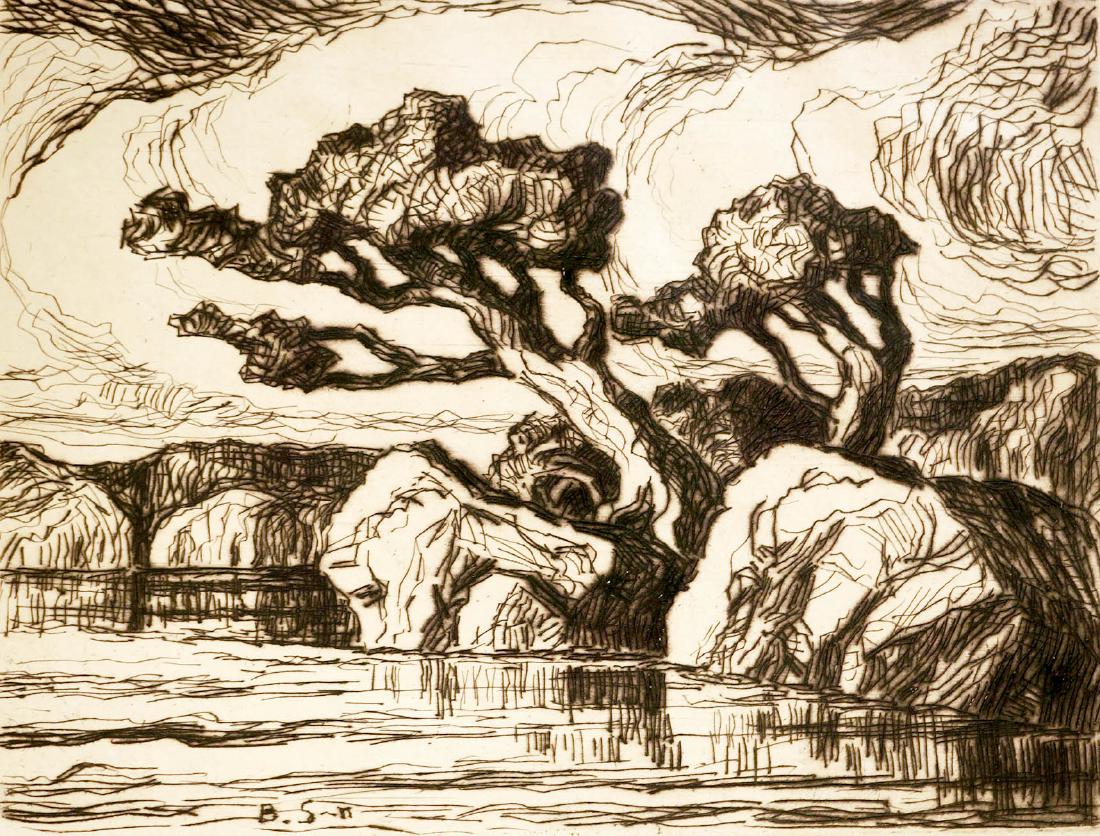 Birger Sandzen Signed Etching [Silent Waters]: Birger Sandzen pencil signed etching [Silent Waters]. Pencil signed lower left by artist, titled in pencil by artist lower right. Sandzen has written in pencil along bottom of sheet Number 36 of an Ed