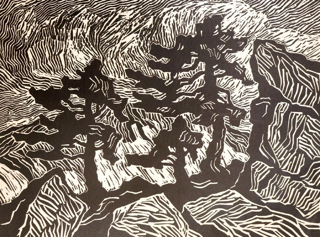 Birger Sandzen Signed Linocut Pines, Rocks, Snow: Birger Sandzen pencil signed linocut titled [Pines, Rocks and Snow]. Unframed, loose and in as found condition. Image size 9" x 12", sheet size 11 7/8" x 15". Foxing left margin mostly, slight paper l