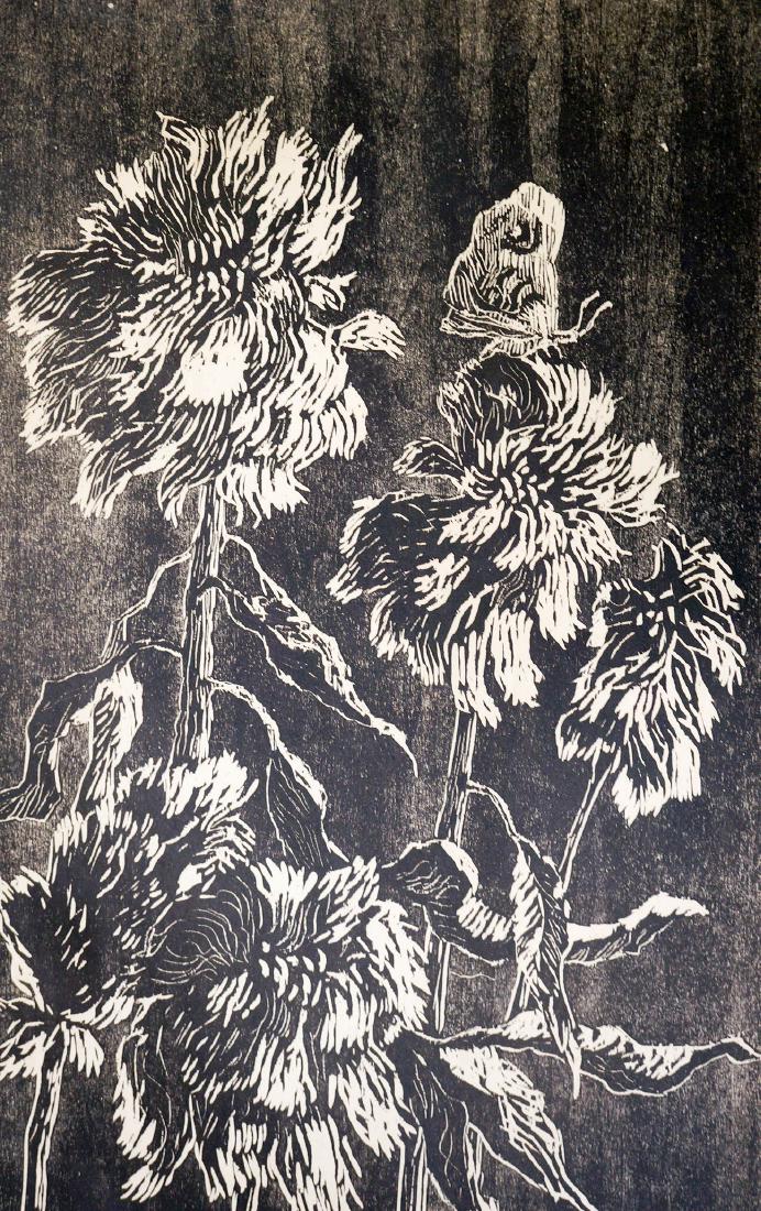 Birger Sandzen Signed Woodcut Chinese Woolflowers: Birger Sandzen pencil signed woodcut titled [Chinese Woolflowers]. Created 1916, signed in pencil lower left and titled lower right. Unframed, loose and as found although image does not appear to have