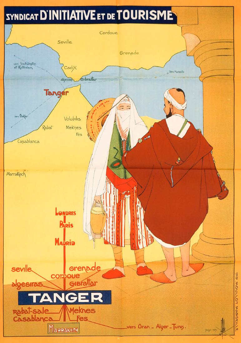 Tanger Poster, 1929 [D'initiative et de Tourism]: Estate Find-Tanger original travel poster dated 1929. By J. Hole, measures 30.5" x 42.5" (77.5 cm x 108 cm). Unframed, loose and is not glued or mounted. Good condition with just a few small tears. Ve