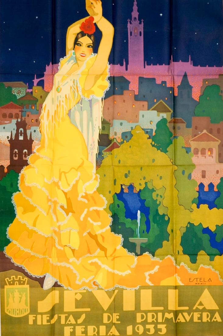 Estela Anton Original, Authentic Poster, 1933: Estate Find-Estela Anton original and authentic travel poster, very large measuring 62" x 42" (157.5 cm x 107 cm). Titled [Sevilla Fiestas De Primavera Feria 1933]. Unframed, loose and in fair to good