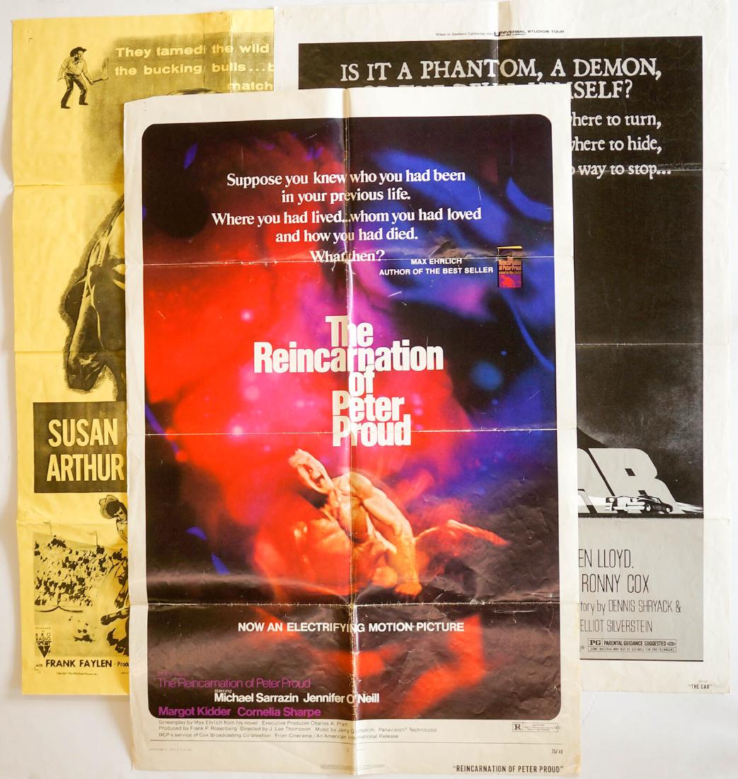 Three Movie Posters: Three movie posters. 1. The Reincarnation of Peter Proud starring Michael Sarrazin, Jennifer O'Neill, Margot Kidder & Cornelia Sharpe. 2. The Car starring James Brolin, Kathleen Lloyd, John Marley, El